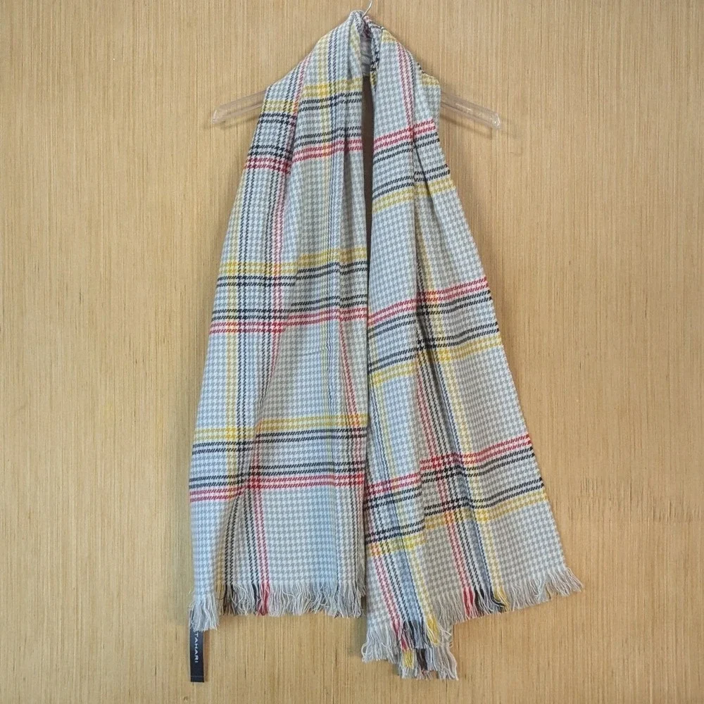 Tahari Houndstooth Blanket Wrap Scarf Fringe Cream Colorful Cozy Winter‎ NWT